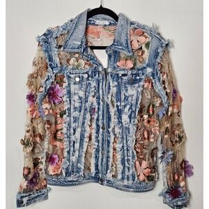 ADORE Lace Enchanting Denim Jacket Floral Embroidered Mesh Fairy Womens L NEW